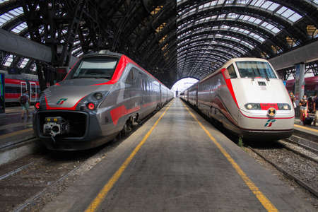 Milan, Italy - August 10, 2020 a Frecciargento train and a Frecciabianca train at Milan Central...