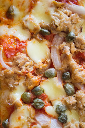 evocative image of a homemade pizza with tomato, mozzarella, capers and onionsの写真素材