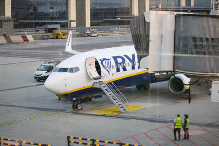 2021.09.28 Milan Malpensa Airport, Ryanair airline in flight in Italy, plane stopped in the rest...