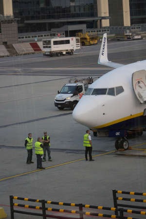 2021.08.28 Milan Malpensa Airport, Ryanair low cost airline in flight to Italy, evocative image of...