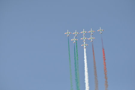 Pesaro Italy - 31 July 2016: The Italian demonstration team Frecce Tricolori air showのeditorial素材