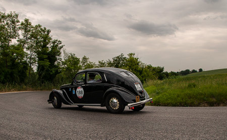 PESARO, ITALY - MAY 15: 1500 1949 Lancia Aprilia Berlina old racing car in rally Mille Miglia 2015 the famous historical italian race (1927-1957) on May 2015のeditorial素材
