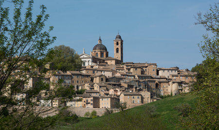 Urbino, Italy - April 10, 2017: view of skyline with Ducal Palace in Urbino Italy. The historic center of Urbino was declared a Unesco World Heritage site and Represents the zenith of Renaissance art and architectureのeditorial素材
