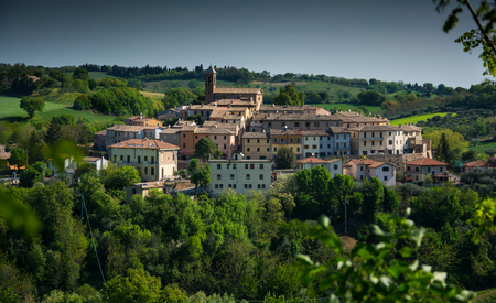 Serrungarina is a small village in the Marche region of Italy, medieval town on the hillの写真素材
