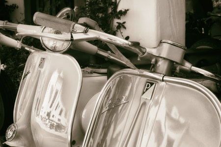 Porto Cervo, Italy - August 18, 2017: Piaggio Vespa vintage sprint motor scooterのeditorial素材