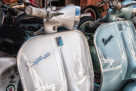 Porto Cervo, Italy - August 18, 2017: Piaggio Vespa vintage sprint motor scooterのeditorial素材