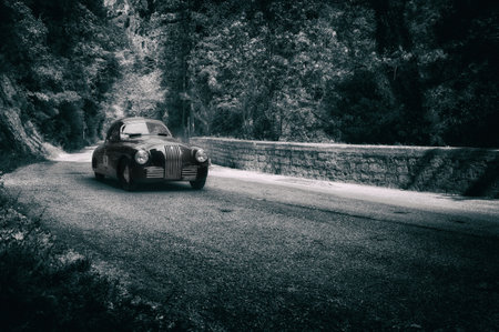 GOLA DEL FURLO, ITALY - MAY 19: FIAT 1100 S GOBBONE BERLINETTA 1948 on an old racing car in rally Mille Miglia 2017 the famous Italian historical race (1927-1957) on May 19 2017のeditorial素材