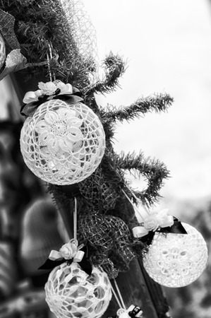 Christmas tree decoration bauble on decorated christmas treeの写真素材