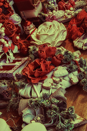 Christmas-tree decoration bauble on decorated christmas treeの写真素材