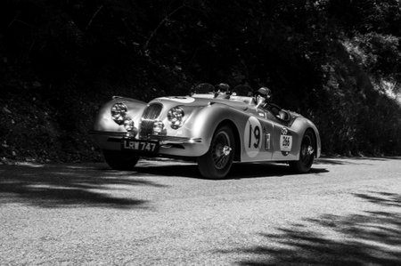 GOLA DEL FURLO, ITALY - MAY 19: JAGUAR XK 120 OTS 1951 on an old racing car in the rally Mille...