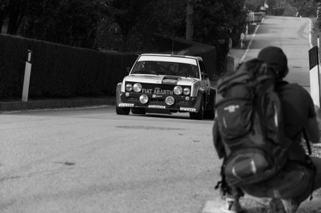 SANMARINO, SANMARINO - OCT 21 - 2017: FIAT 131 ABARTH 1977 old racing car ralts THE LEGEND 2017 the famous SAN MARINO historical raceのeditorial素材