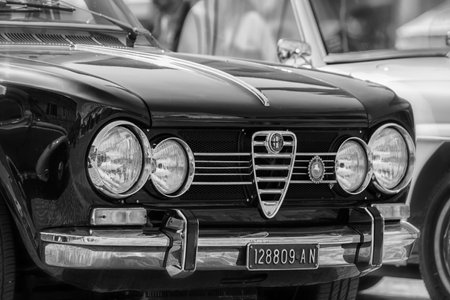 PESARO, ITALY - APRIL 28 - 2018: ALFA ROMEO GIULIA on an old racing car in rally RAID ADRIATICO 2018 the famous italian historical race on APRIL 2018のeditorial素材