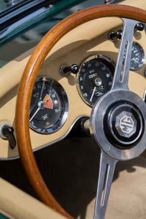 PESARO, ITALY - APRIL 28 - 2018: MG on an old racing car in rally RAID ADRIATICO 2018 the famous italian historical race on APRIL 2018のeditorial素材