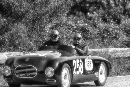PESARO COLLE SAN BARTOLO, ITALY - MAY 17 - 2018: FIAT SIATA 750 SPORT 1948 old racing car in rally Mille Miglia 2018 the famous italian historical race (1927-1957)のeditorial素材