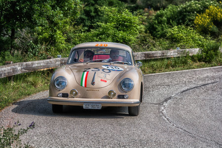 PESARO COLLE SAN BARTOLO, ITALY - MAY 17 - 2018: PORSCHE 356 AT 1500 GS CARRERA 1956 on an old racing car in the Mille Miglia rally 2018 the famous italian historical race (1927-1957)のeditorial素材