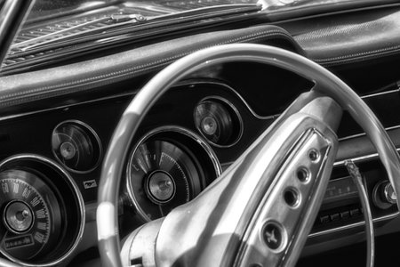 Fano lido, ITALY - june 10 - 2018: vintage mustang old car in historical exposure in fano lido summer 2018のeditorial素材