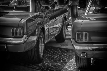 Fano lido, ITALY - june 10 - 2018: vintage mustang old car in historical exposure in fano lido summer 2018のeditorial素材