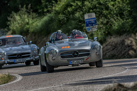 PESARO COLLE SAN BARTOLO, ITALY - MAY 17 - 2018: MERCEDES 190 SL 1956 on an old racing car in the...