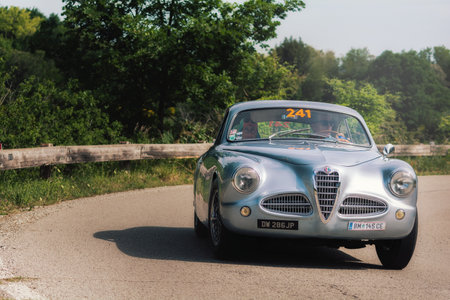 PESARO COLLE SAN BARTOLO, ITALY - MAY 17 - 2018: ALFA ROMEO 1900 C SPRINT TOURING 1952 old racing car in rally Mille Miglia 2018 the famous italian historical race (1927-1957)のeditorial素材
