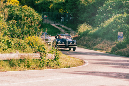 PESARO COLLE SAN BARTOLO, ITALY - MAY 17 - 2018: ALFA ROMEO 6C 2500 SS COUPE 'TOURING 1949 on an old racing car in the Mille Miglia rally 2018 the famous italian historical race (1927-1957)のeditorial素材