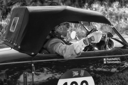 PESARO COLLE SAN BARTOLO , ITALY - MAY 17 - 2018 : ALFA ROMEO 6C 2300 PESCARA SPIDER 1935 on an old racing car in rally Mille Miglia 2018 the famous italian historical race (1927-1957)のeditorial素材