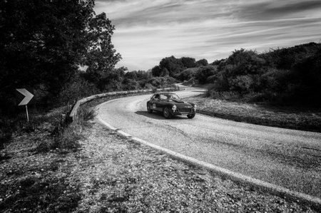PESARO COLLE SAN BARTOLO, ITALY - MAY 17 - 2018: ZAGATO FIAT 8V 1952 on an old racing car in rally Mille Miglia 2018 the famous italian historical race (1927-1957)のeditorial素材