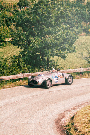 PESARO COLLE SAN BARTOLO , ITALY - MAY 17 - 2018 : LANCIA PAGANELLI APRILIA SPORT 1951 on an old racing car in rally Mille Miglia 2018 the famous italian historical race (1927-1957)のeditorial素材