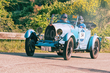 PESARO COLLE SAN BARTOLO, ITALY - MAY 17 - 2018: BUGATTI T 40 GRAND SPORT 1928 on an old racing car in rally Mille Miglia 2018 the famous italian historical race (1927-1957)のeditorial素材