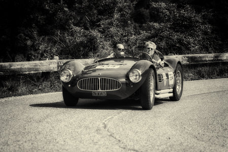PESARO COLLE SAN BARTOLO , ITALY - MAY 17 - 2018 : MASERATI A6GCS FIANDRI 1954 on an old racing car in rally Mille Miglia 2018 the famous italian historical race (1927-1957)のeditorial素材