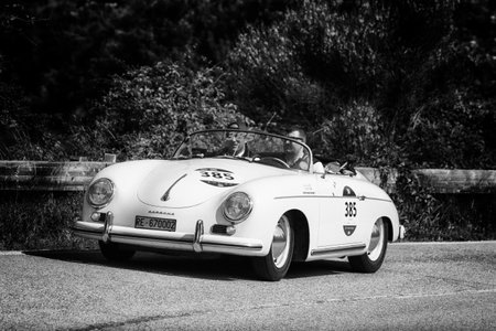 PESARO COLLE SAN BARTOLO, ITALY - MAY 17 - 2018: PORSCHE 356 1500 SPEEDSTER 1955 on an old racing car in the Mille Miglia rally 2018 the famous italian historical race (1927-1957)のeditorial素材