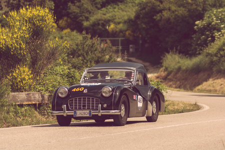 PESARO COLLE SAN BARTOLO, ITALY - MAY 17 - 2018: TRIUMPH TR 3 SPORTS 1957 on an old racing car in rally Mille Miglia 2018 the famous italian historical race (1927-1957)のeditorial素材