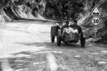 PESARO COLLE SAN BARTOLO, ITALY - MAY 17 - 2018: BUGATTI T 40 1927 on an old racing car in rally Mille Miglia 2018 the famous italian historical race (1927-1957)のeditorial素材