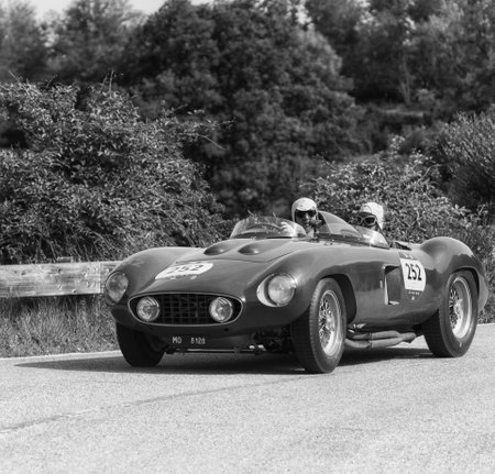 PESARO COLLE SAN BARTOLO , ITALY - MAY 17 - 2018 : FERRARI 857 S 1955 on an old racing car in rally Mille Miglia 2018 the famous italian historical race (1927-1957)のeditorial素材