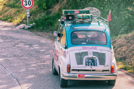 PESARO COLLE SAN BARTOLO , ITALY - MAY 17 - 2018 : 600 MULTIPLA MISTER CROCCANTINO on an old racing car in rally Mille Miglia 2018 the famous italian historical race (1927-1957)のeditorial素材