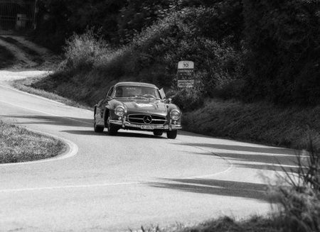 PESARO COLLE SAN BARTOLO , ITALY - MAY 17 - 2018 : MERCEDES-BENZ 300 SL COUPÃ (W198) 1955 on an old racing car in rally Mille Miglia 2018 the famous italian historical race (1927-1957)のeditorial素材