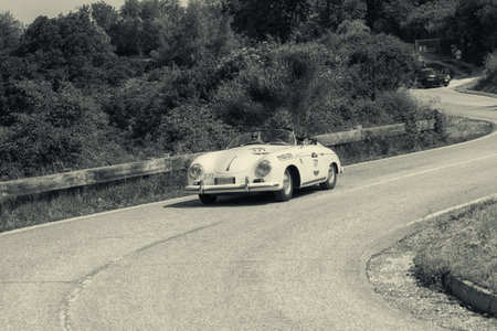 PESARO COLLE SAN BARTOLO , ITALY - MAY 17 - 2018 : PORSCHE 356 1500 SPEEDSTER 1955 on an old racing car in rally Mille Miglia 2018 the famous italian historical race (1927-1957)のeditorial素材