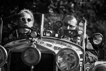 PESARO COLLE SAN BARTOLO, ITALY - MAY 17 - 2018: ALFA ROMEO 6C 1500 SUPER SPORT 1928 MM on an old racing car in the Mille Miglia rally 2018 the famous italian historical race (1927-1957)のeditorial素材
