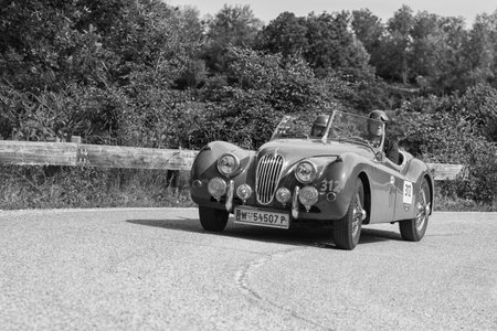 JAGUAR XK 140 OTS SE 1954 on an old racing car in rally Mille Miglia 2018 the famous italian historical race (1927-1957)のeditorial素材