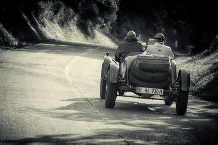 PESARO COLLE SAN BARTOLO, ITALY - MAY 17 - 2018: OM 665 S SUPERB 2200 1931 on an old racing car in rally Mille Miglia 2018 the famous italian historical race (1927-1957)のeditorial素材