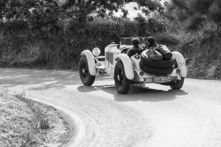 PESARO COLLE SAN BARTOLO , ITALY - MAY 17 - 2018 : MERCEDES-BENZ 710 SSK 1928 on an old racing car in rally Mille Miglia 2018 the famous italian historical race (1927-1957)のeditorial素材