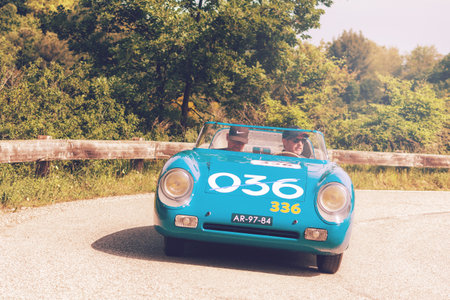PESARO COLLE SAN BARTOLO, ITALY - MAY 17 - 2018: AUTOBLEU 750 1954 on an old racing car in rally...
