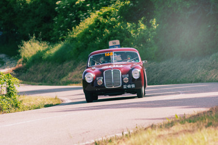 PESARO COLLE SAN BARTOLO , ITALY - MAY 17 - 2018 : MASERATI A6 1500 BERLINETTA PININ FARINA 1949 on an old racing car in rally Mille Miglia 2018 the famous italian historical race (1927-1957)のeditorial素材