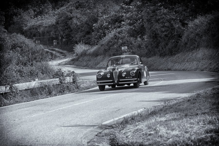 PESARO COLLE SAN BARTOLO , ITALY - MAY 17 - 2018 : ALFA ROMEO 6C 2500 SS COUPÃ TOURING 1949 on an old racing car in rally Mille Miglia 2018 the famous italian historical race (1927-1957)のeditorial素材