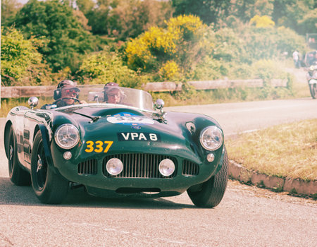 PESARO COLLE SAN BARTOLO, ITALY - MAY 17 - 2018: HWM JAGUAR 3.4 SPORT 1954 old racing car in rally Mille Miglia 2018 the famous italian historical race (1927-1957)のeditorial素材