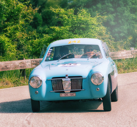 PESARO COLLE SAN BARTOLO, ITALY - MAY 17 - 2018: ZAGATO FIAT 1100 AND BERLINETTA 1952 on an old racing car in the rally Mille Miglia 2018 the famous italian historical race (1927-1957)のeditorial素材