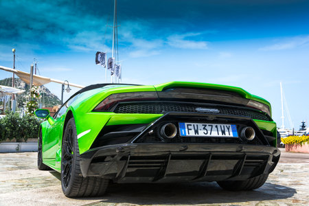 PORTO CERVO, ITALY - AUGUST 13 2019: Sports car Lamborghini Hurac?n Cabrioletのeditorial素材