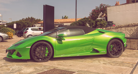 PORTO CERVO, ITALY - AUGUST 13 2019: Sports car Lamborghini Hurac?n Cabrioletのeditorial素材