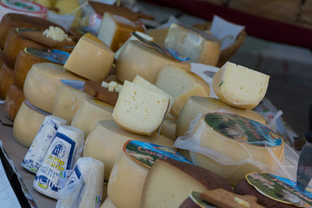 SAN PANTALEO , ITALY - AUGUST 14 2019 : Sardinian Pecorino cheese at San Pantaleo marketのeditorial素材