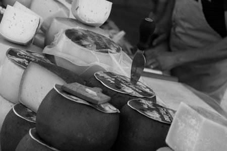 SAN PANTALEO , ITALY - AUGUST 14 2019 : Sardinian Pecorino cheese at San Pantaleo marketのeditorial素材