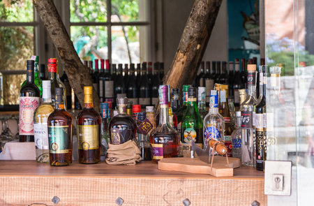 PORTO CERVO, ITALY - AUGUST 13 2019 Alcoholic beverage on bar counter